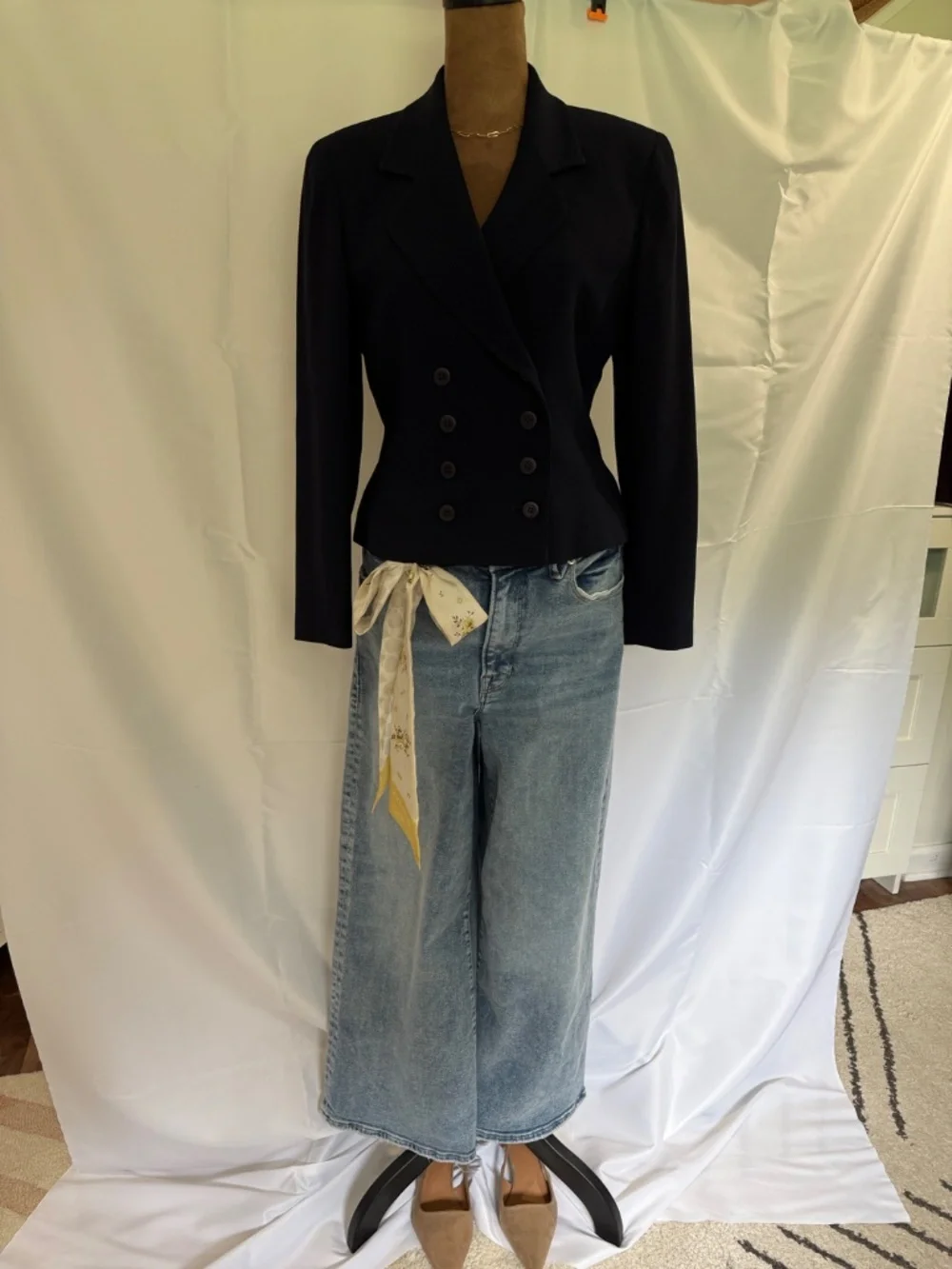 90’s Vintage Christian Dior Navy Double Breasted Cropped Blazer Jacket 4 Petite